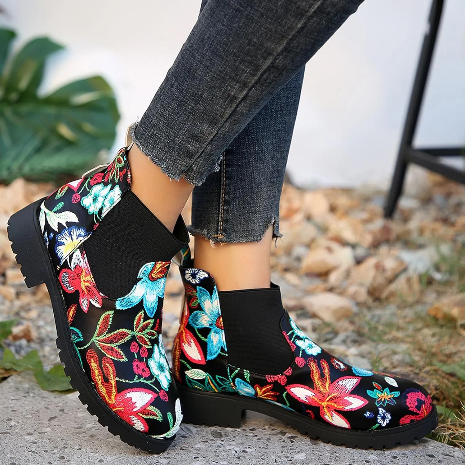 Boots for Women 2024 Retro Prints Elastic Chelsea Ankle Boots Low Chunky Block Heel Lug Sole Slip on Fall Booties