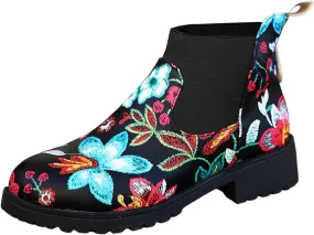 Boots for Women 2024 Retro Prints Elastic Chelsea Ankle Boots Low Chunky Block Heel Lug Sole Slip on Fall Booties