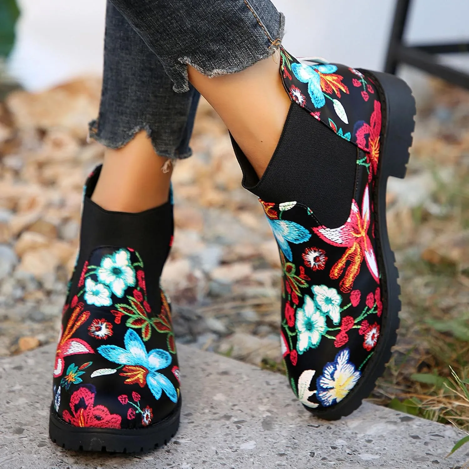 Boots for Women 2024 Retro Prints Elastic Chelsea Ankle Boots Low Chunky Block Heel Lug Sole Slip on Fall Booties