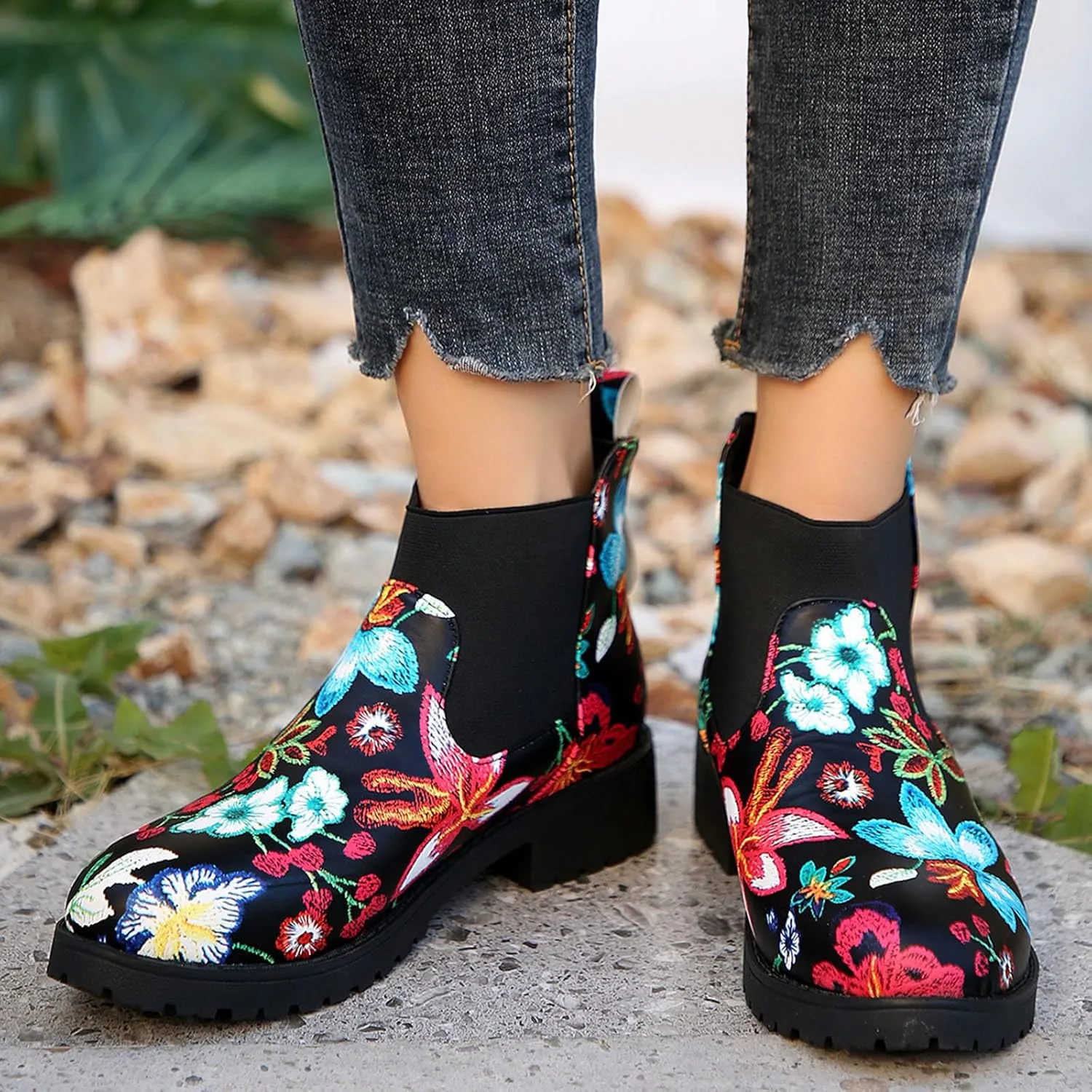 Boots for Women 2024 Retro Prints Elastic Chelsea Ankle Boots Low Chunky Block Heel Lug Sole Slip on Fall Booties