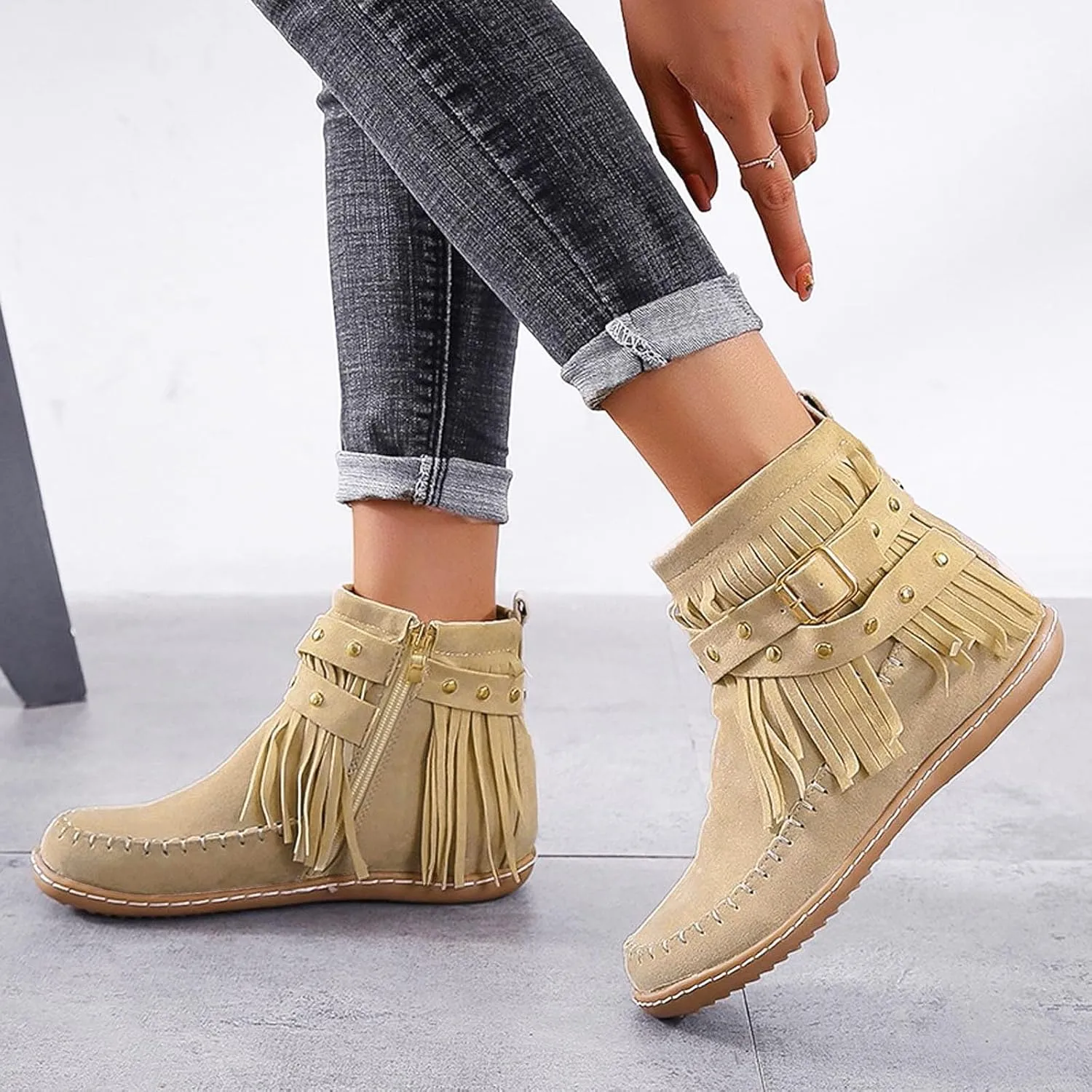 Boots for Women Vintage Casual Tassel Fringe Suede Wide Round Toe Ankle Booties With Side Zipper Mid Calf Short Boots