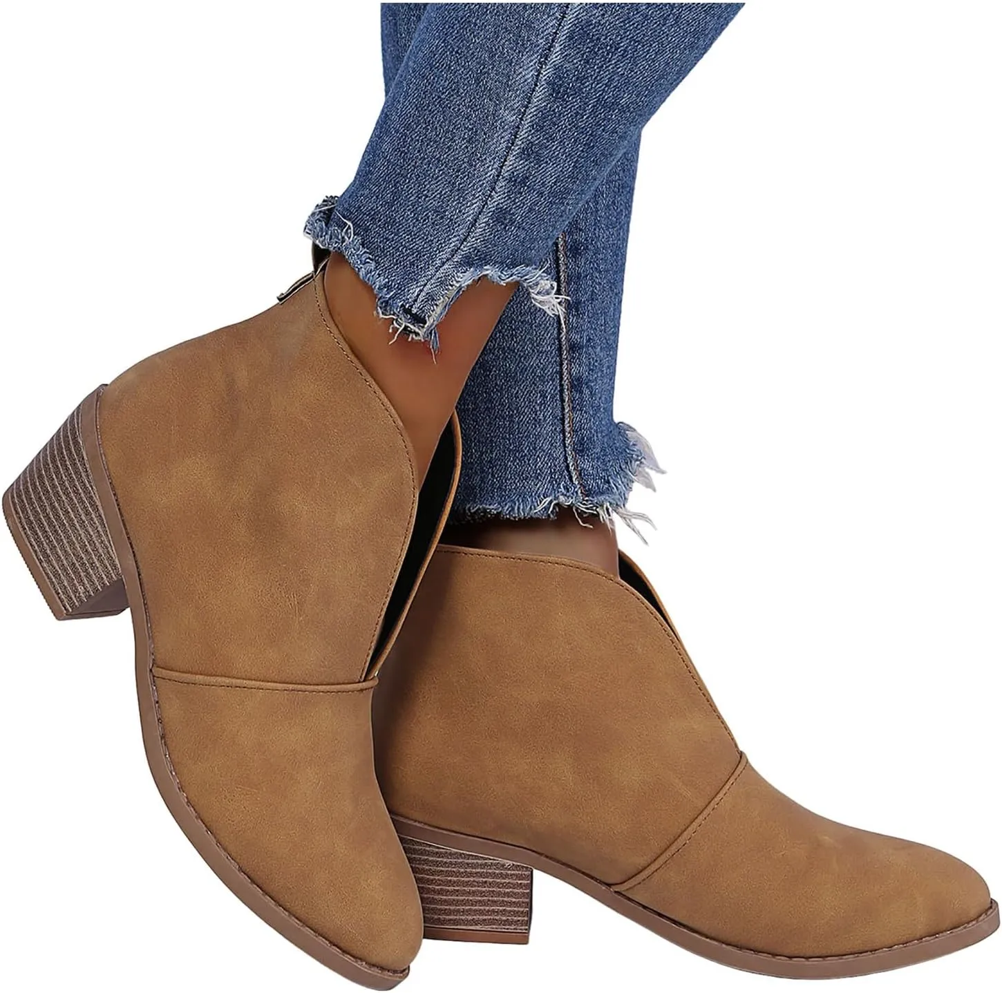 Cathalem Ankle Boots for Women Fashion Ankle Booties Slip On Pointed Toe Chunky Stacked Mid Heel Booties Western Cowboy Boots