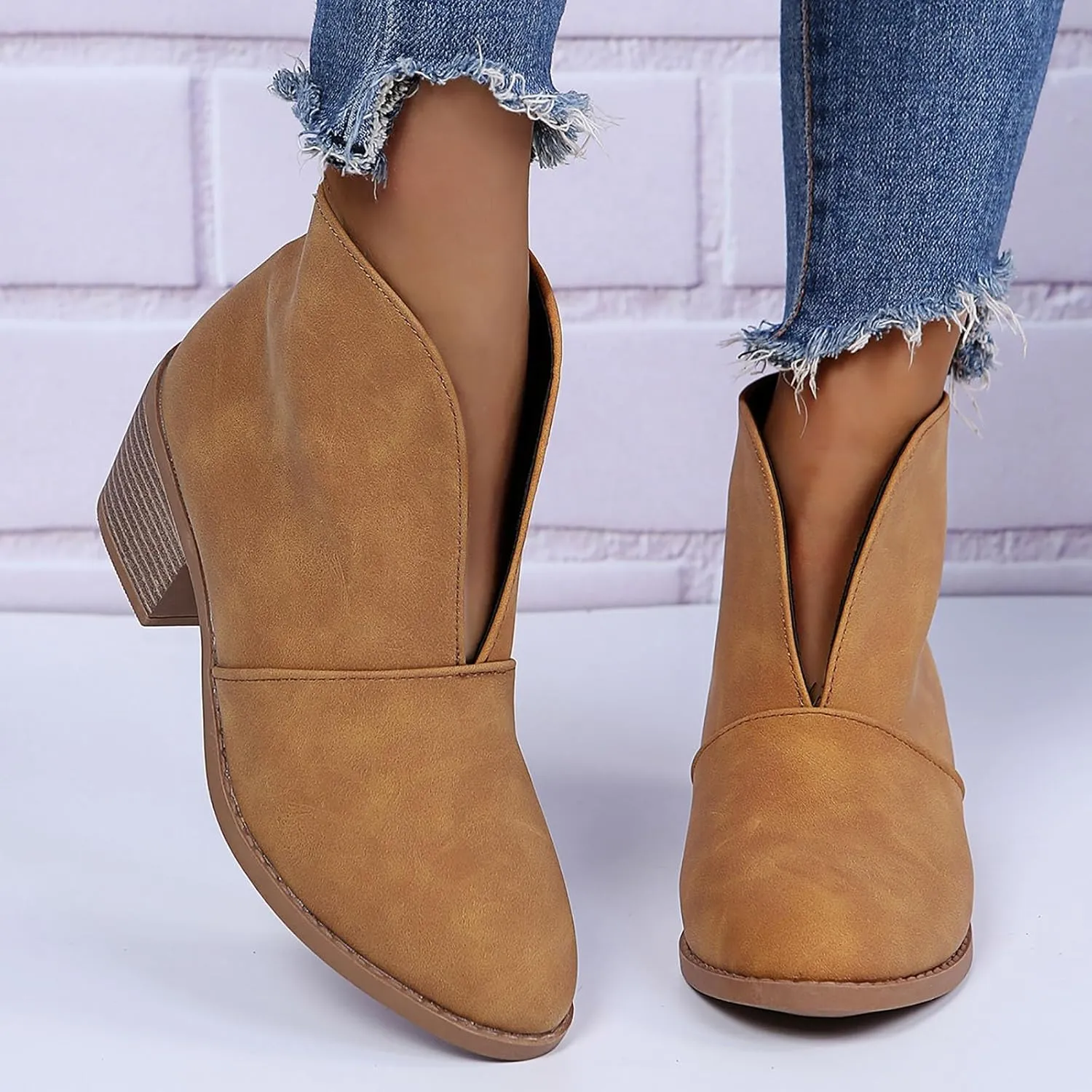 Cathalem Ankle Boots for Women Fashion Ankle Booties Slip On Pointed Toe Chunky Stacked Mid Heel Booties Western Cowboy Boots