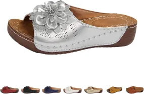 Chic Flowers Orthopedic Sandals for Women Arch Support Fish Mouth Open Toe Leather Slippers Wedge Platform Sandal