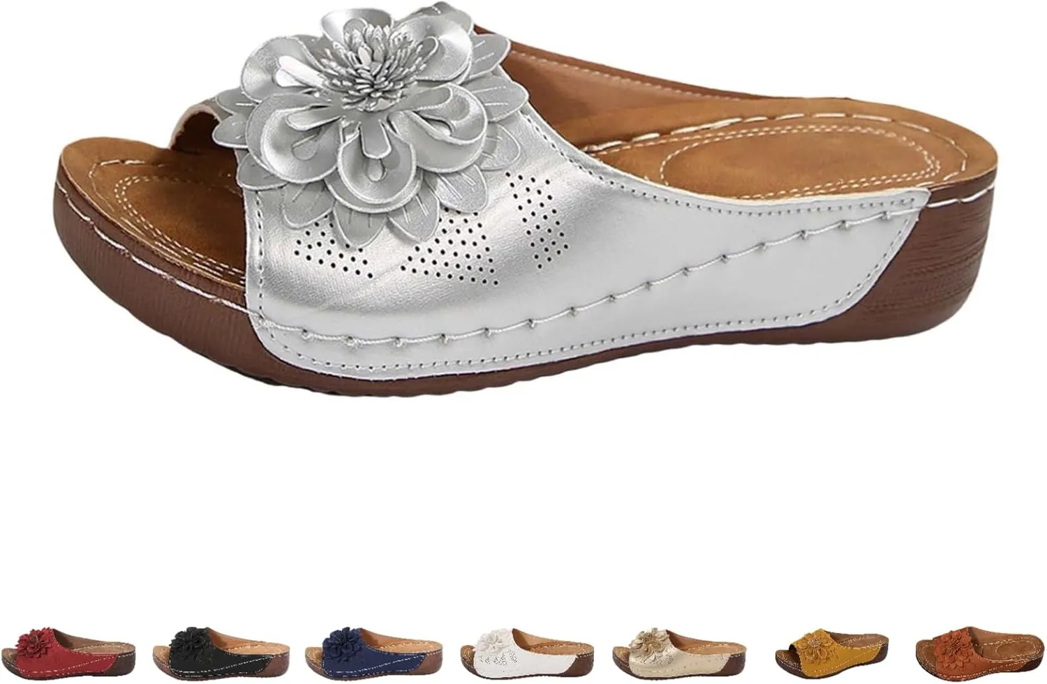 Chic Flowers Orthopedic Sandals for Women Arch Support Fish Mouth Open Toe Leather Slippers Wedge Platform Sandal