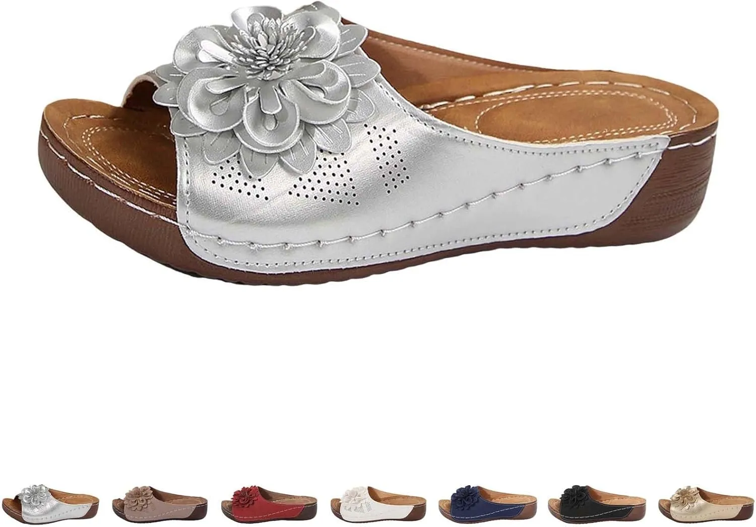 Chic Flowers Orthopedic Sandals for Women Arch Support Fish Mouth Open Toe Leather Slippers Wedge Platform Sandal