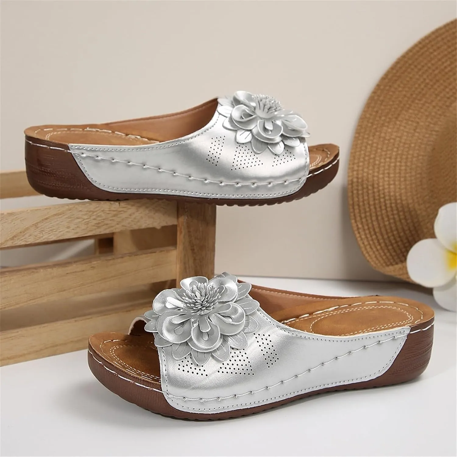 Chic Flowers Orthopedic Sandals for Women Arch Support Fish Mouth Open Toe Leather Slippers Wedge Platform Sandal