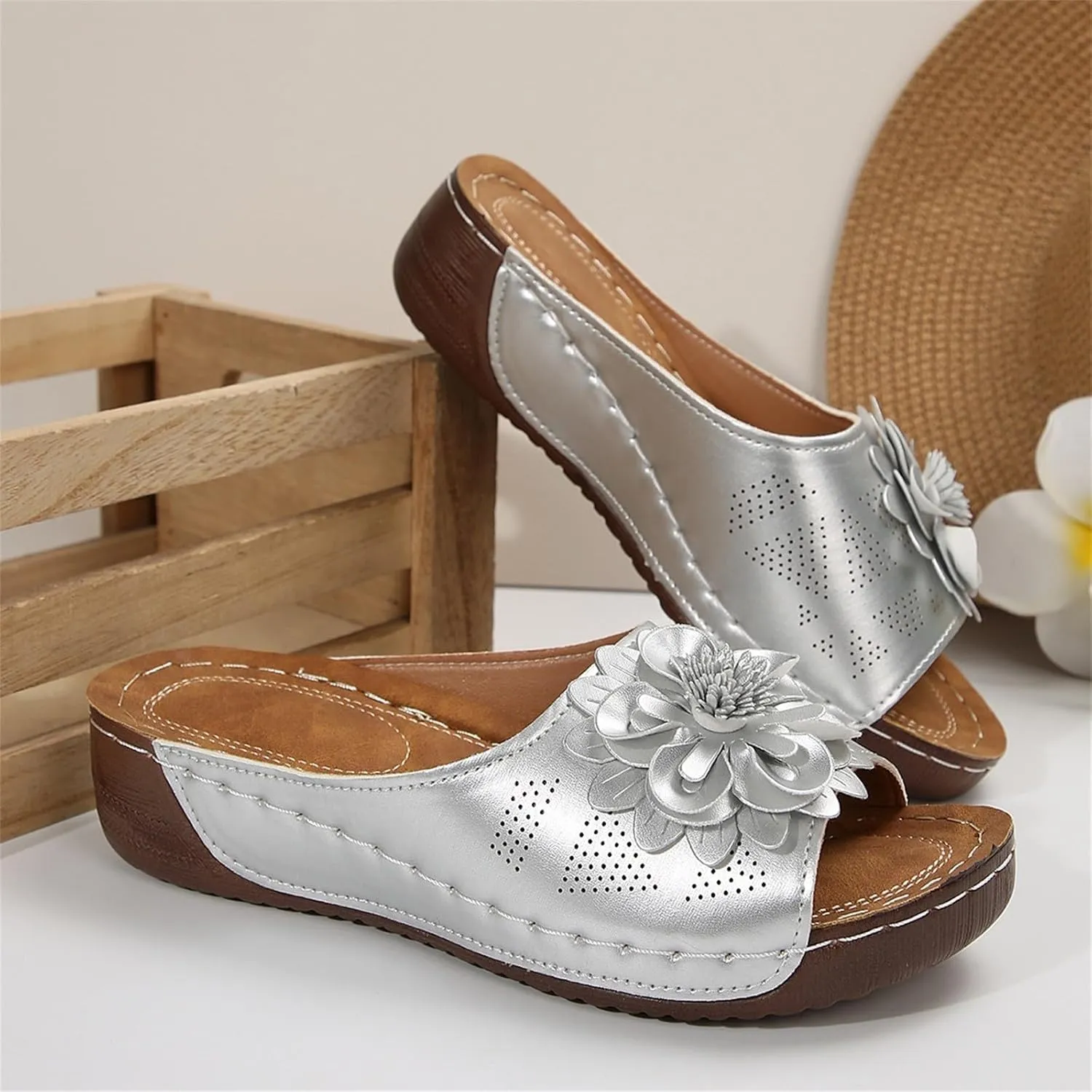 Chic Flowers Orthopedic Sandals for Women Arch Support Fish Mouth Open Toe Leather Slippers Wedge Platform Sandal
