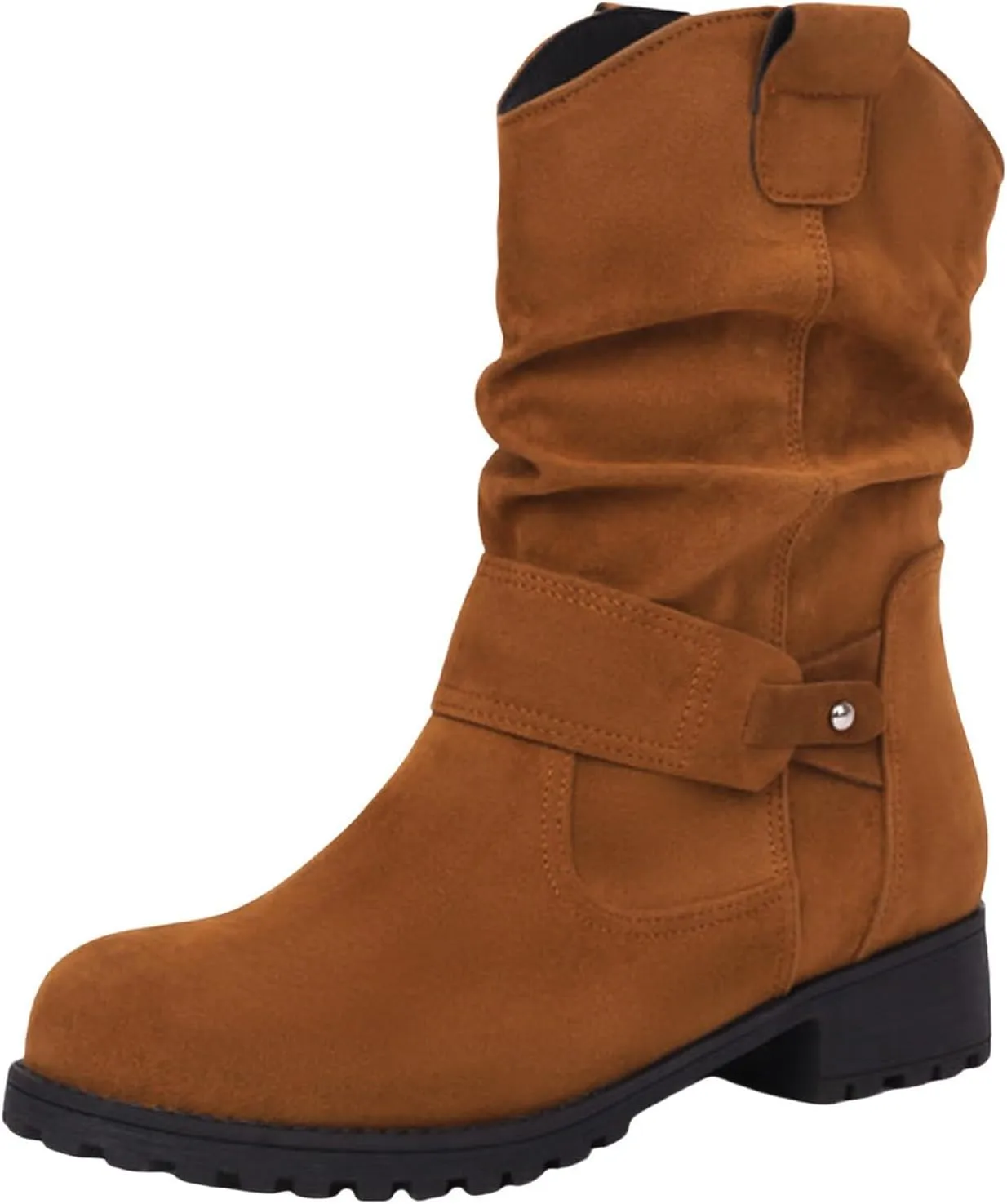 Cowboy Boots for Women, Fashion Slip-On Combat Biker Ankle Boots Winter Ankle Boots With Buckle PU Leather Half Boots