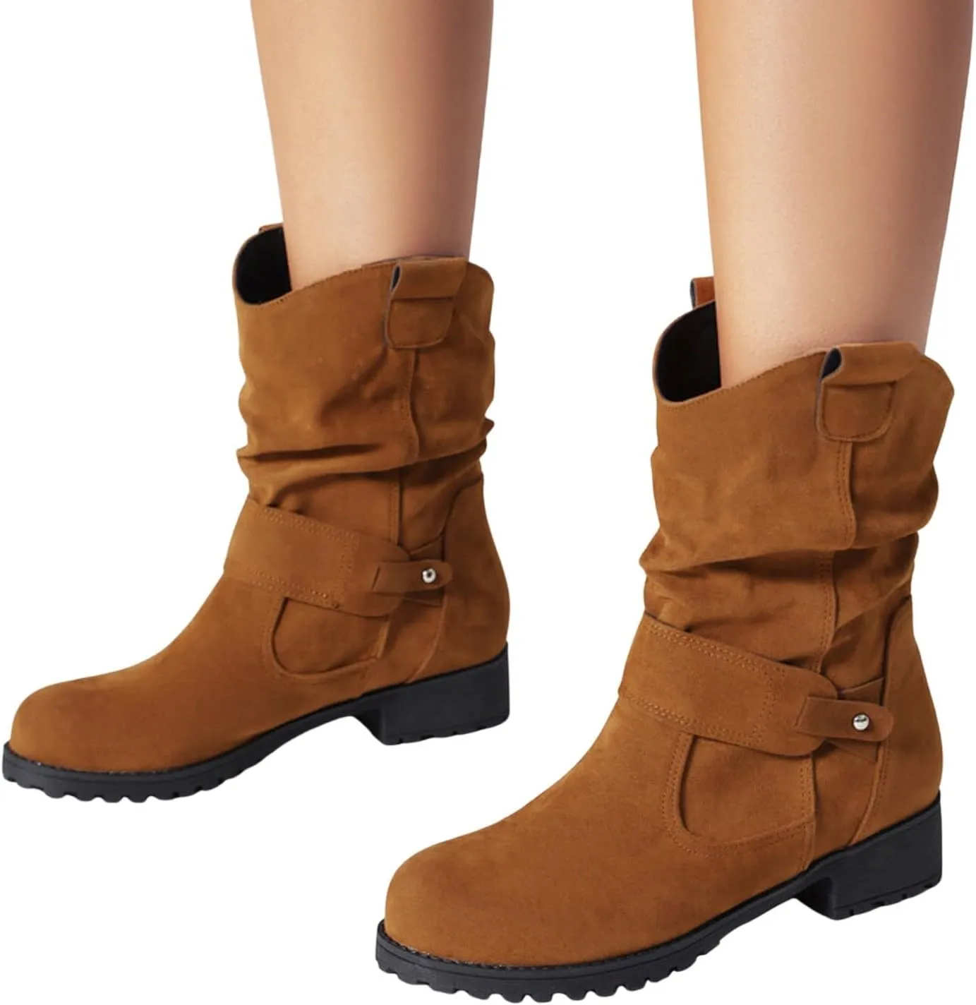 Cowboy Boots for Women, Fashion Slip-On Combat Biker Ankle Boots Winter Ankle Boots With Buckle PU Leather Half Boots