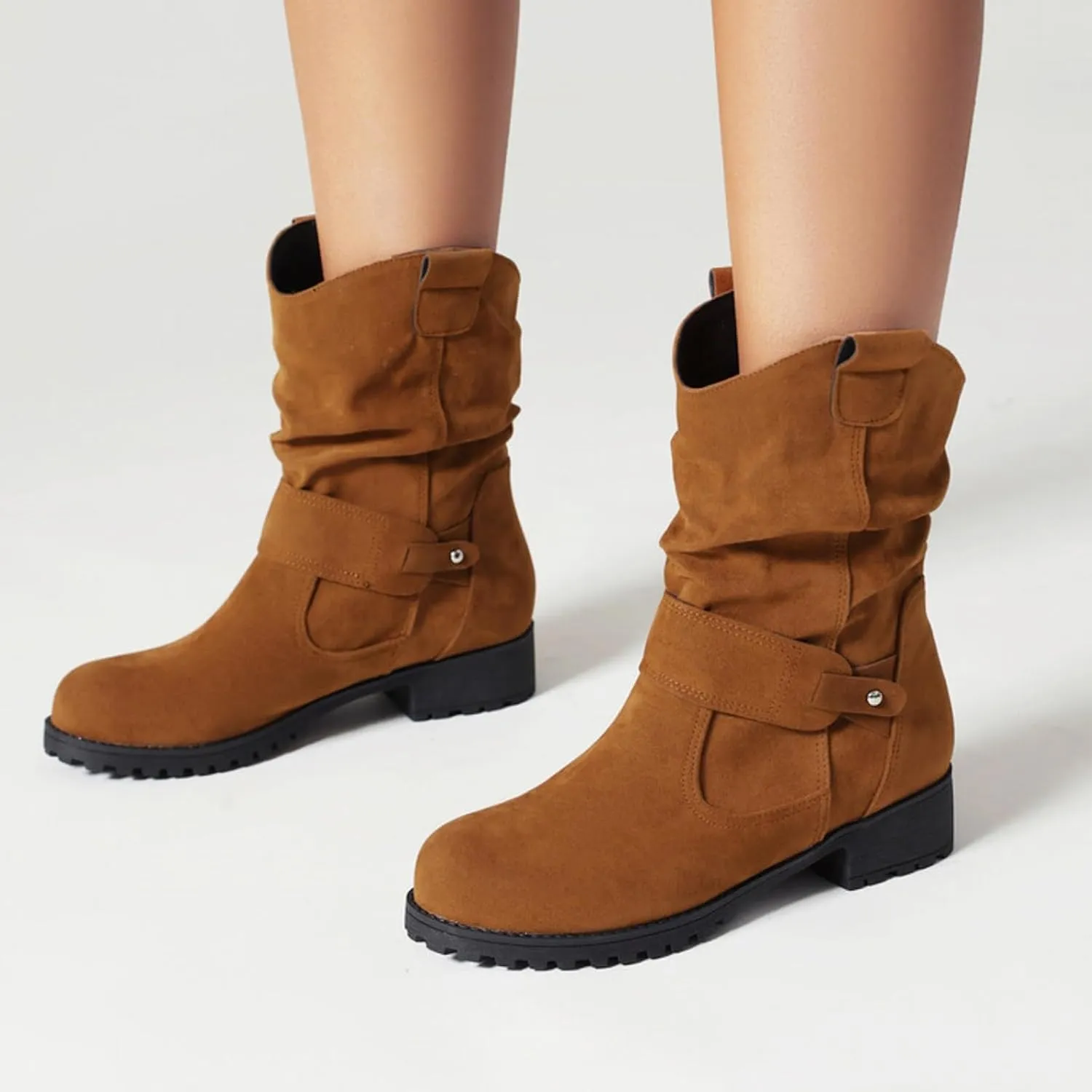 Cowboy Boots for Women, Fashion Slip-On Combat Biker Ankle Boots Winter Ankle Boots With Buckle PU Leather Half Boots