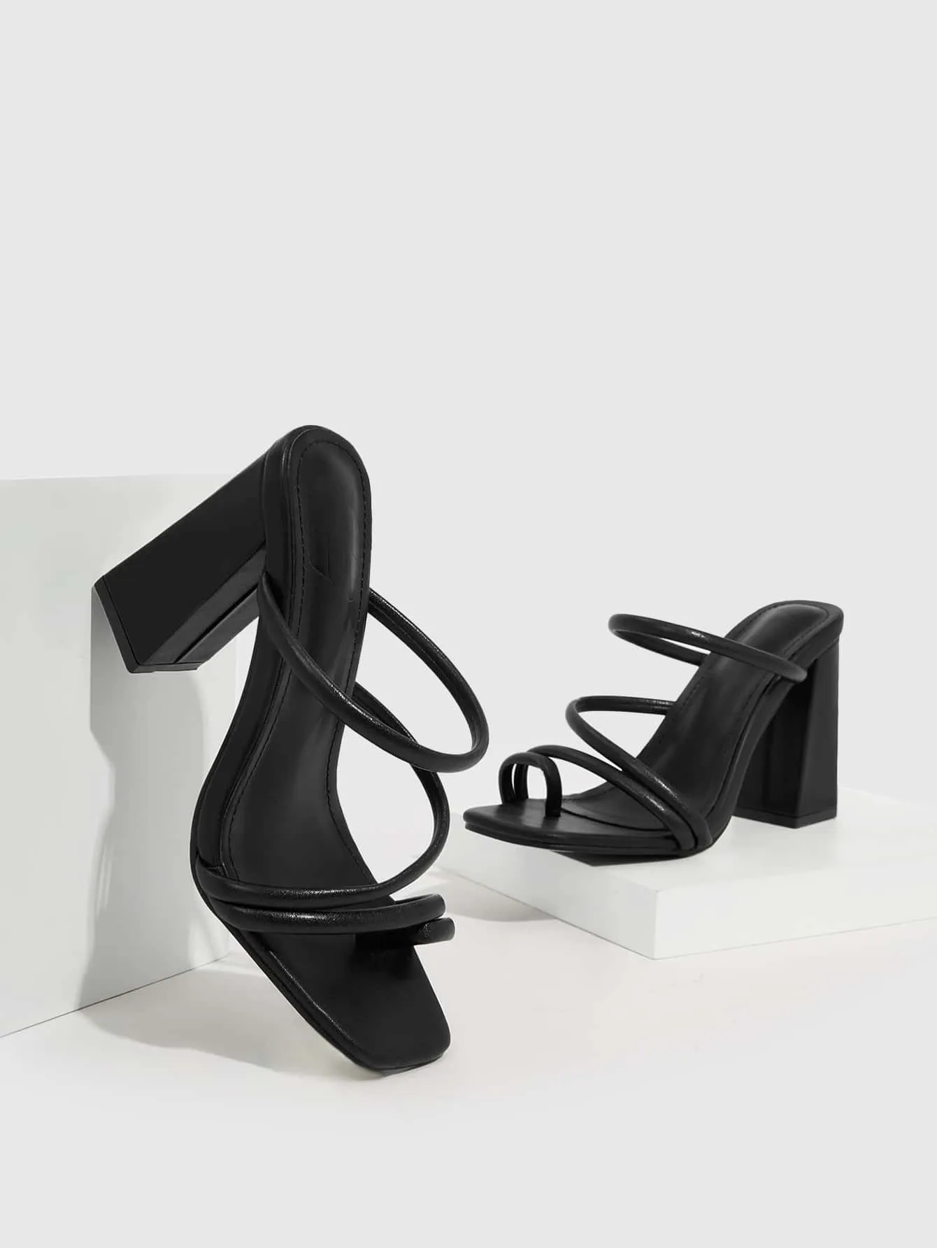 CUCCOO BIZCHIC Woman Shoes Multi Strap Chunky Square Toe Heeled Elegant Black Mule Sandals For Summer Graduation Heels Prom Heels Vacation Shoes Summer Sale
