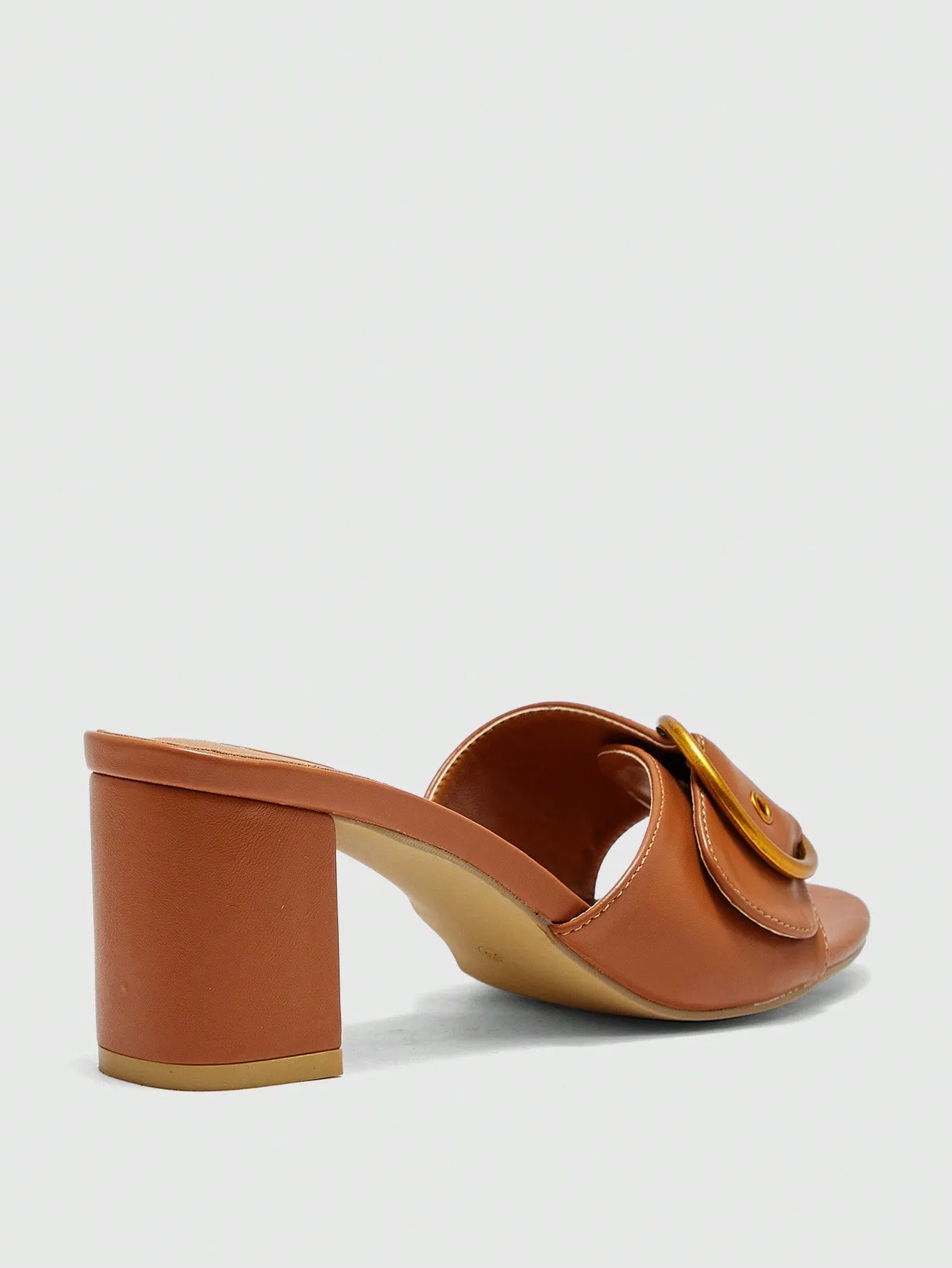 CUCCOO BIZCHIC Women's Outdoor Round Toe Thick High Heel Slipper With Buckle Accent, Fashionable & Simplistic Brown PU Material Open Back Slides