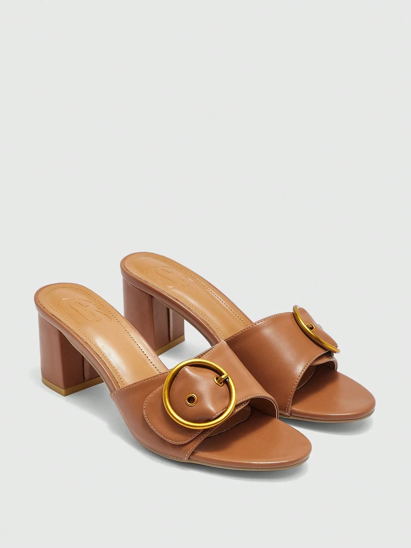 CUCCOO BIZCHIC Women's Outdoor Round Toe Thick High Heel Slipper With Buckle Accent, Fashionable & Simplistic Brown PU Material Open Back Slides