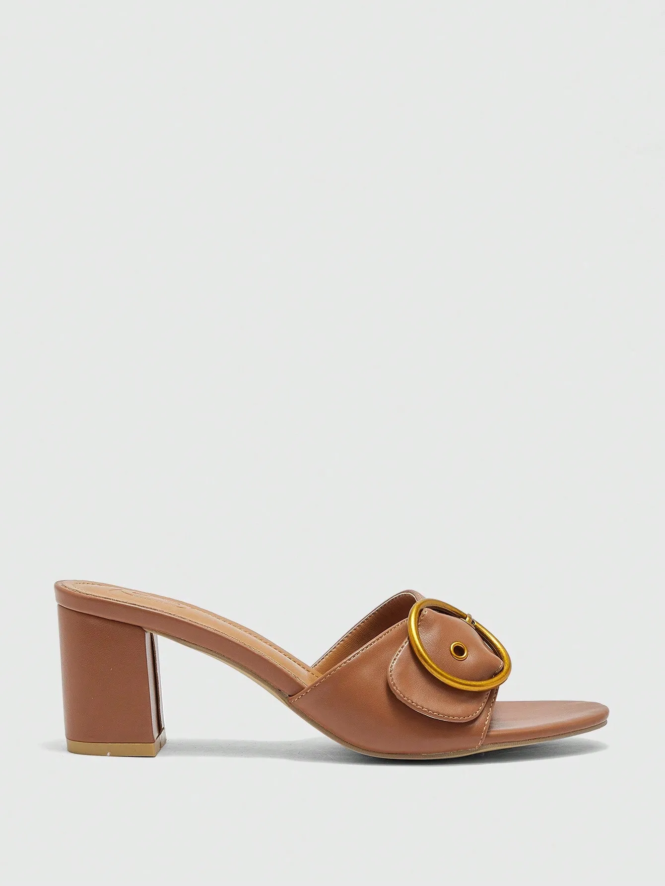 CUCCOO BIZCHIC Women's Outdoor Round Toe Thick High Heel Slipper With Buckle Accent, Fashionable & Simplistic Brown PU Material Open Back Slides