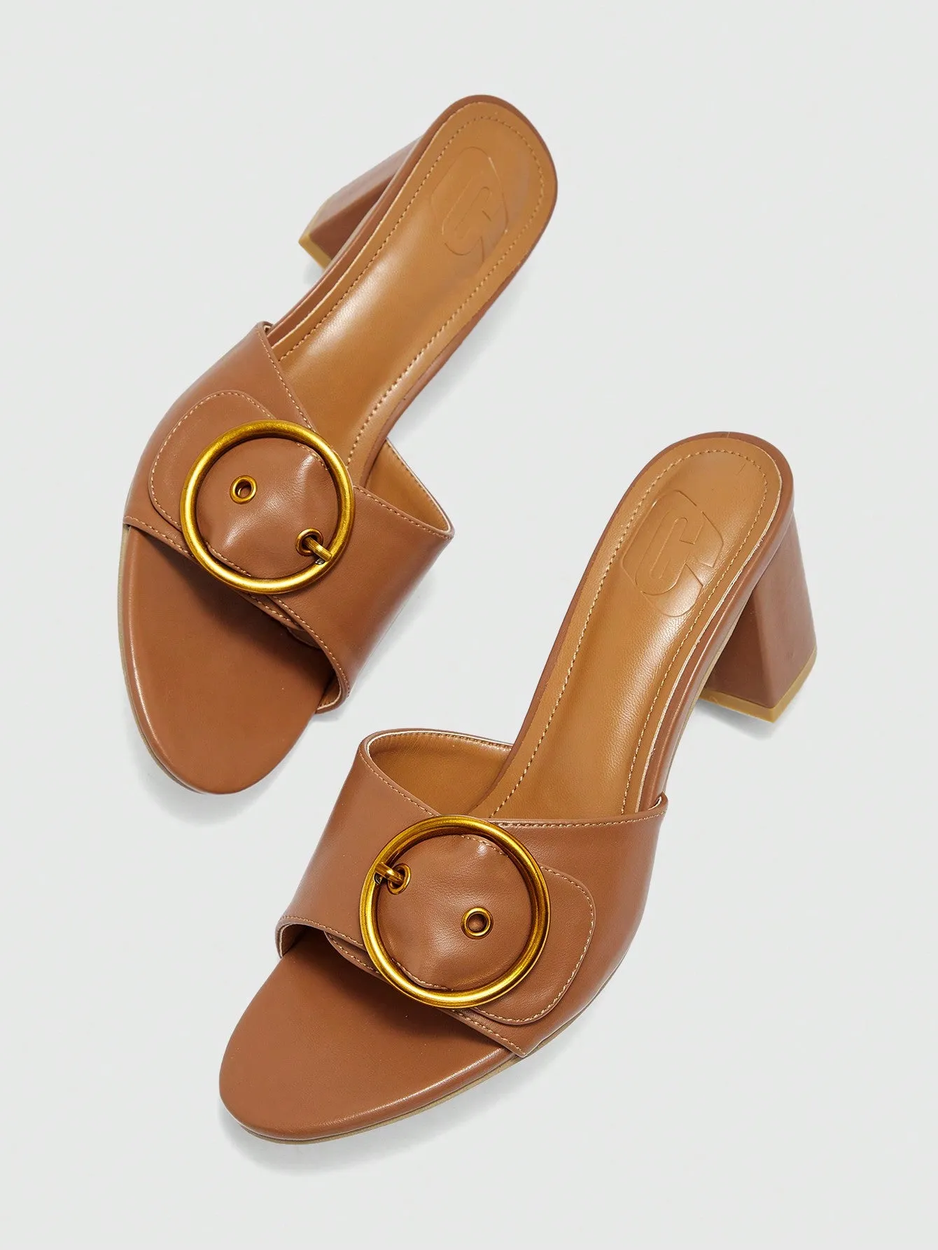 CUCCOO BIZCHIC Women's Outdoor Round Toe Thick High Heel Slipper With Buckle Accent, Fashionable & Simplistic Brown PU Material Open Back Slides
