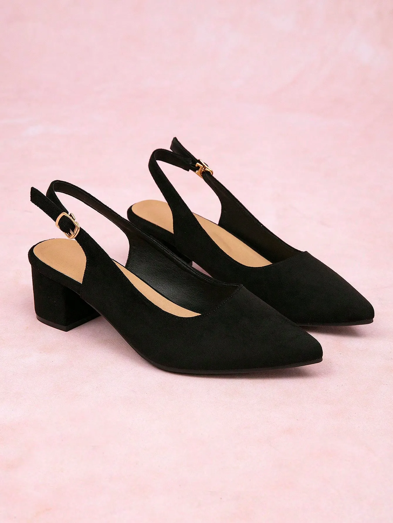 CUCCOO CURVES Women's Plus Size Simple Style Pointed Toe Faux Velvet Chunky Heel Slingback Sandals, Black, Fashionable Party Elegant High Heel Shoes For Summer