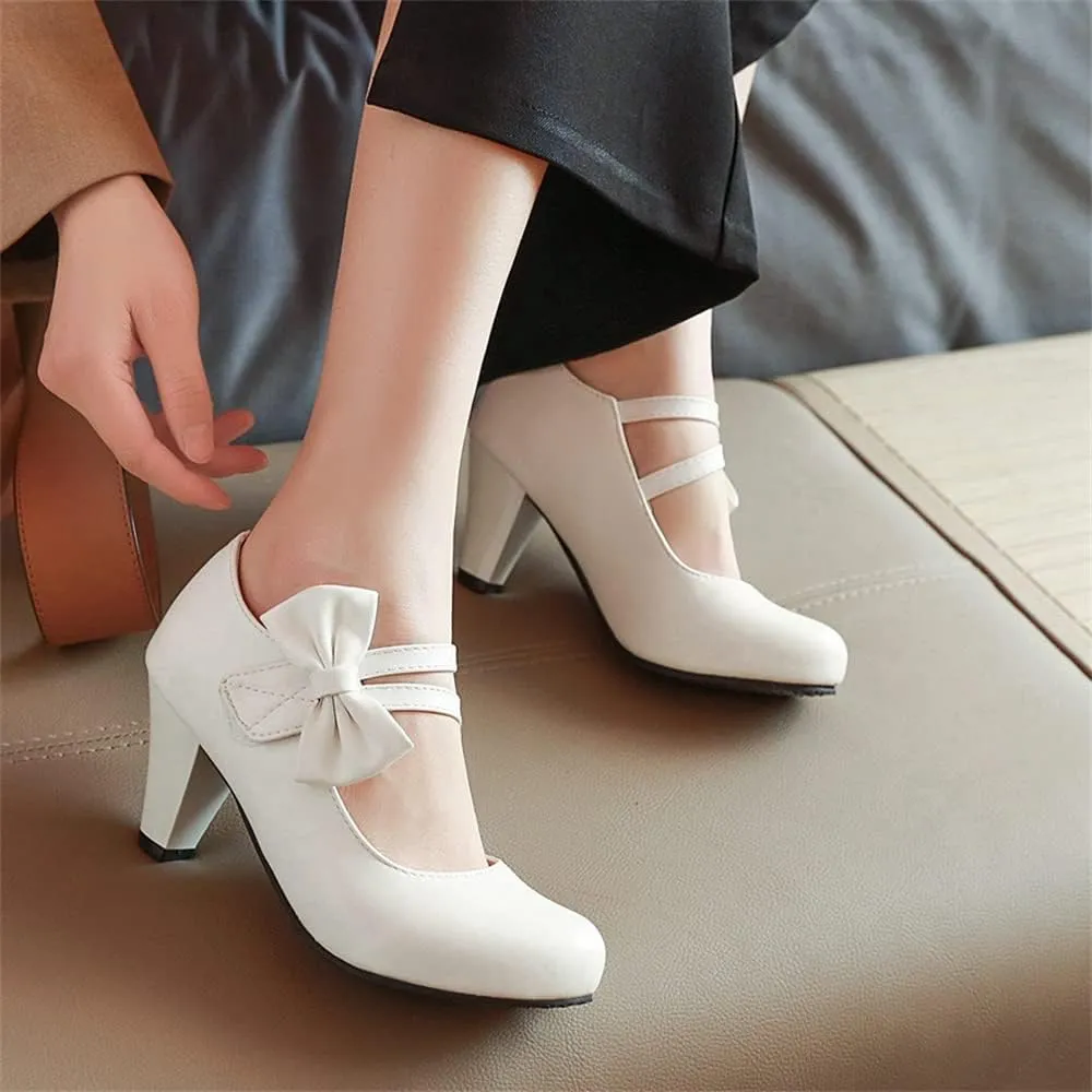 Elbslutt Women's Sweet Chunky Mary Janes Heels Bow Hook Loop Cute High Block Heel Ankle Strap Pumps Dress Shoes