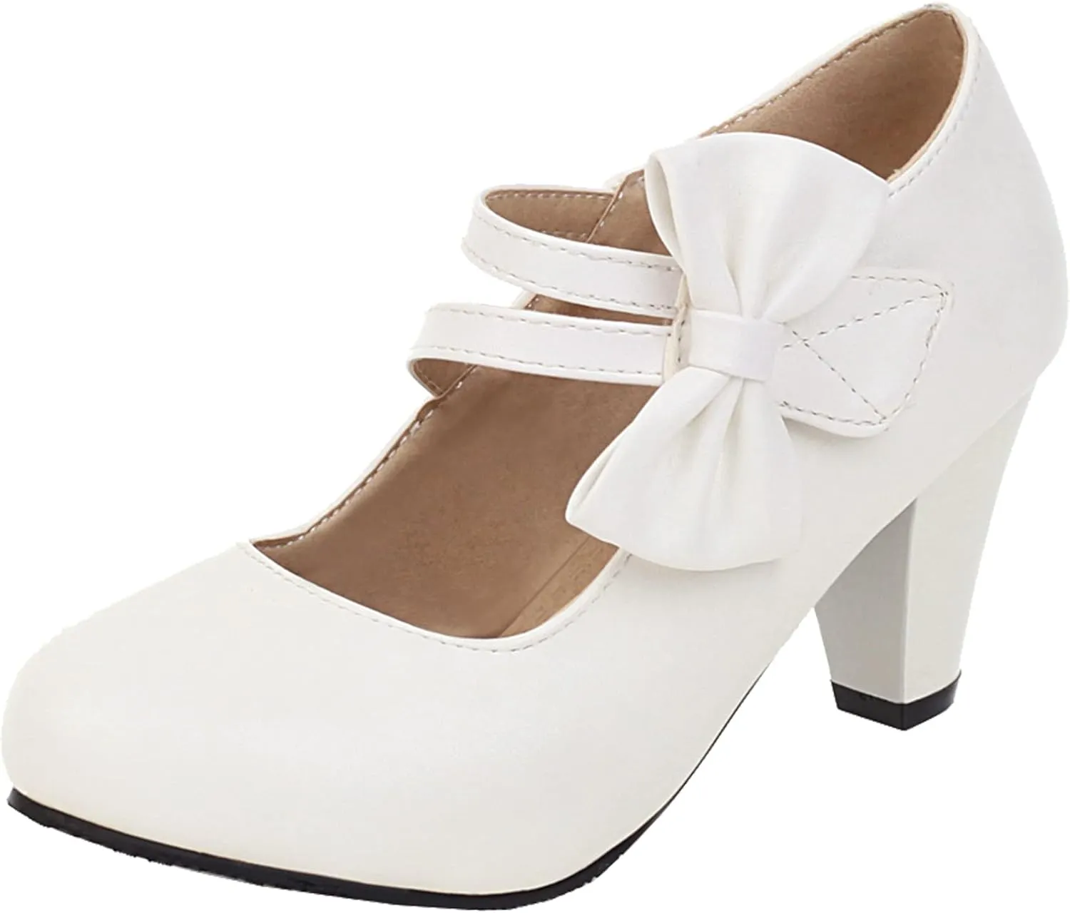 Elbslutt Women's Sweet Chunky Mary Janes Heels Bow Hook Loop Cute High Block Heel Ankle Strap Pumps Dress Shoes
