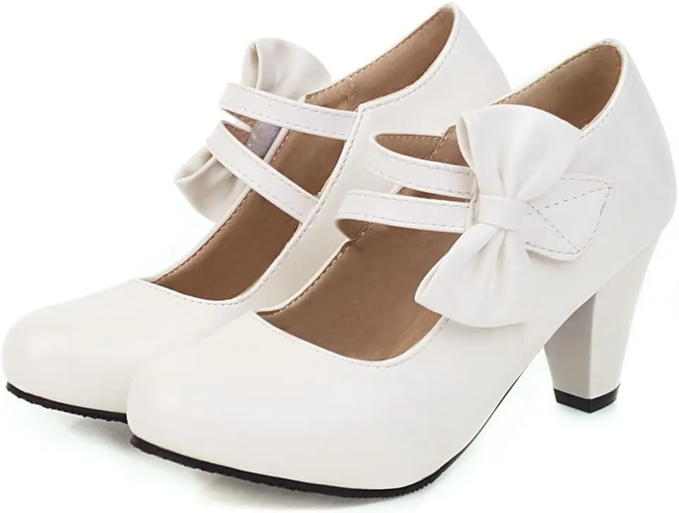 Elbslutt Women's Sweet Chunky Mary Janes Heels Bow Hook Loop Cute High Block Heel Ankle Strap Pumps Dress Shoes