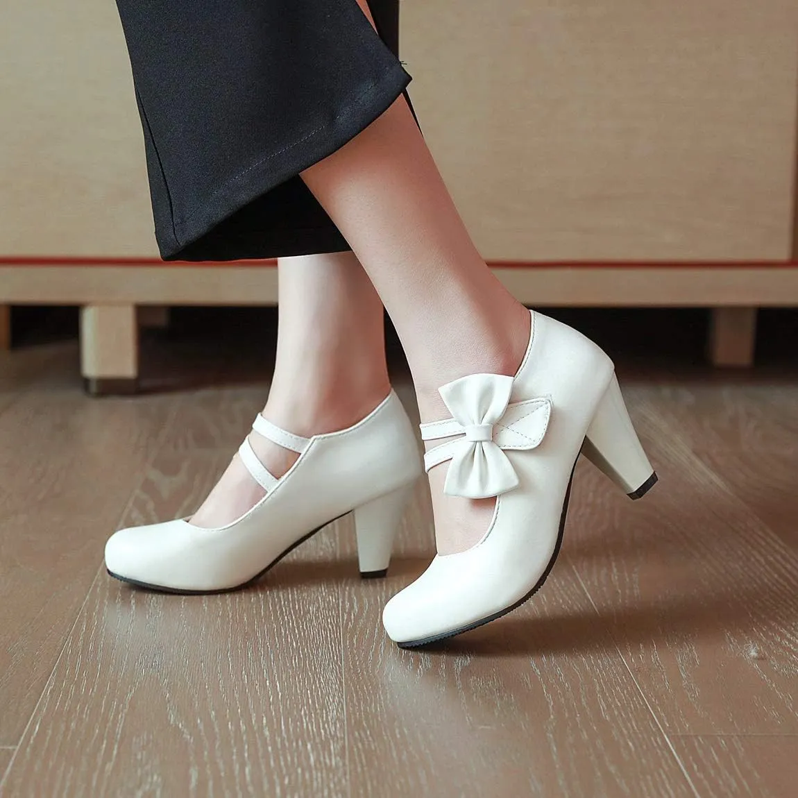 Elbslutt Women's Sweet Chunky Mary Janes Heels Bow Hook Loop Cute High Block Heel Ankle Strap Pumps Dress Shoes