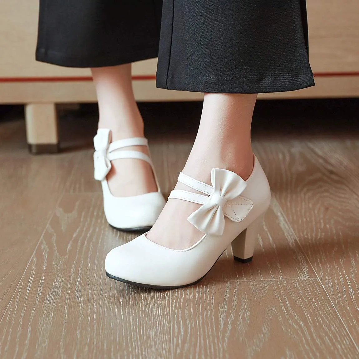 Elbslutt Women's Sweet Chunky Mary Janes Heels Bow Hook Loop Cute High Block Heel Ankle Strap Pumps Dress Shoes