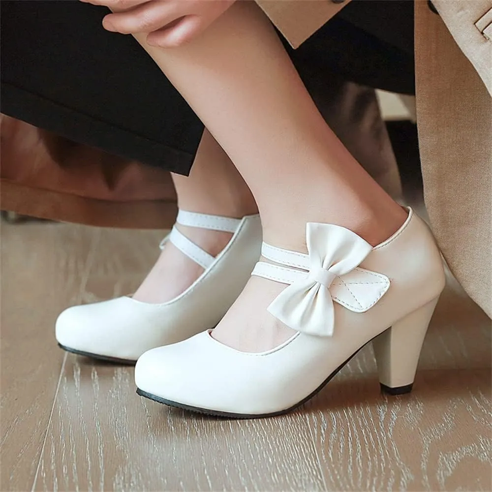 Elbslutt Women's Sweet Chunky Mary Janes Heels Bow Hook Loop Cute High Block Heel Ankle Strap Pumps Dress Shoes