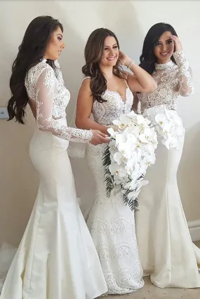 Elegant Mermaid High Neck Ivory Long Sleeves Stain Bridesmaid Dresses with Lace OK655
