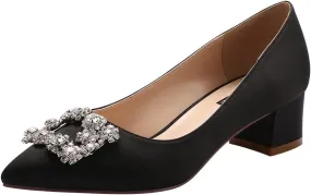 ERIJUNOR Women Comfort Chunky Heel Pointed Toe Rhinestone Wedding Evening Satin Shoes for Bride