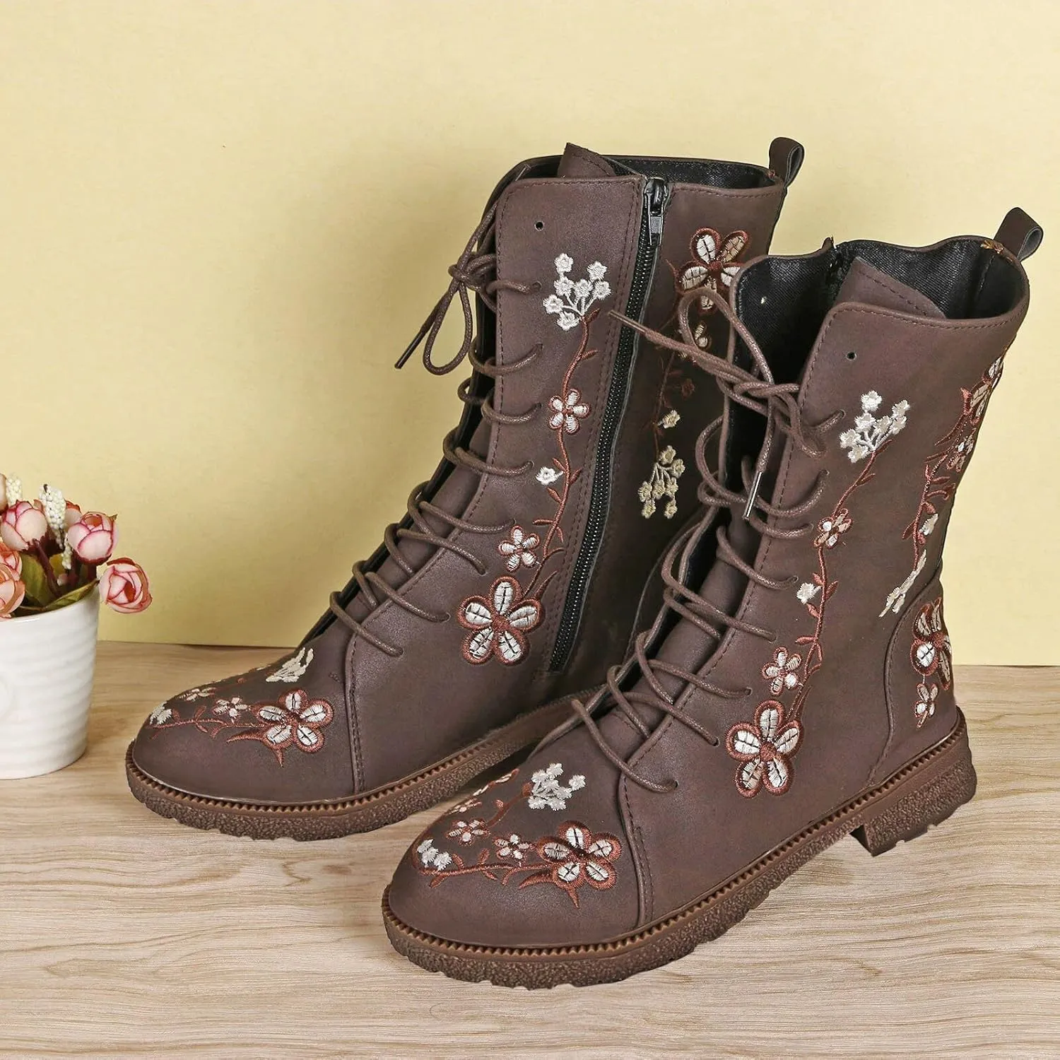 Floral Combat Boots Women 2024 Boho Ankle Boots Mid Calf Lace Up Boots Vintage Round Toe Dress Boots Long Ankle Boots