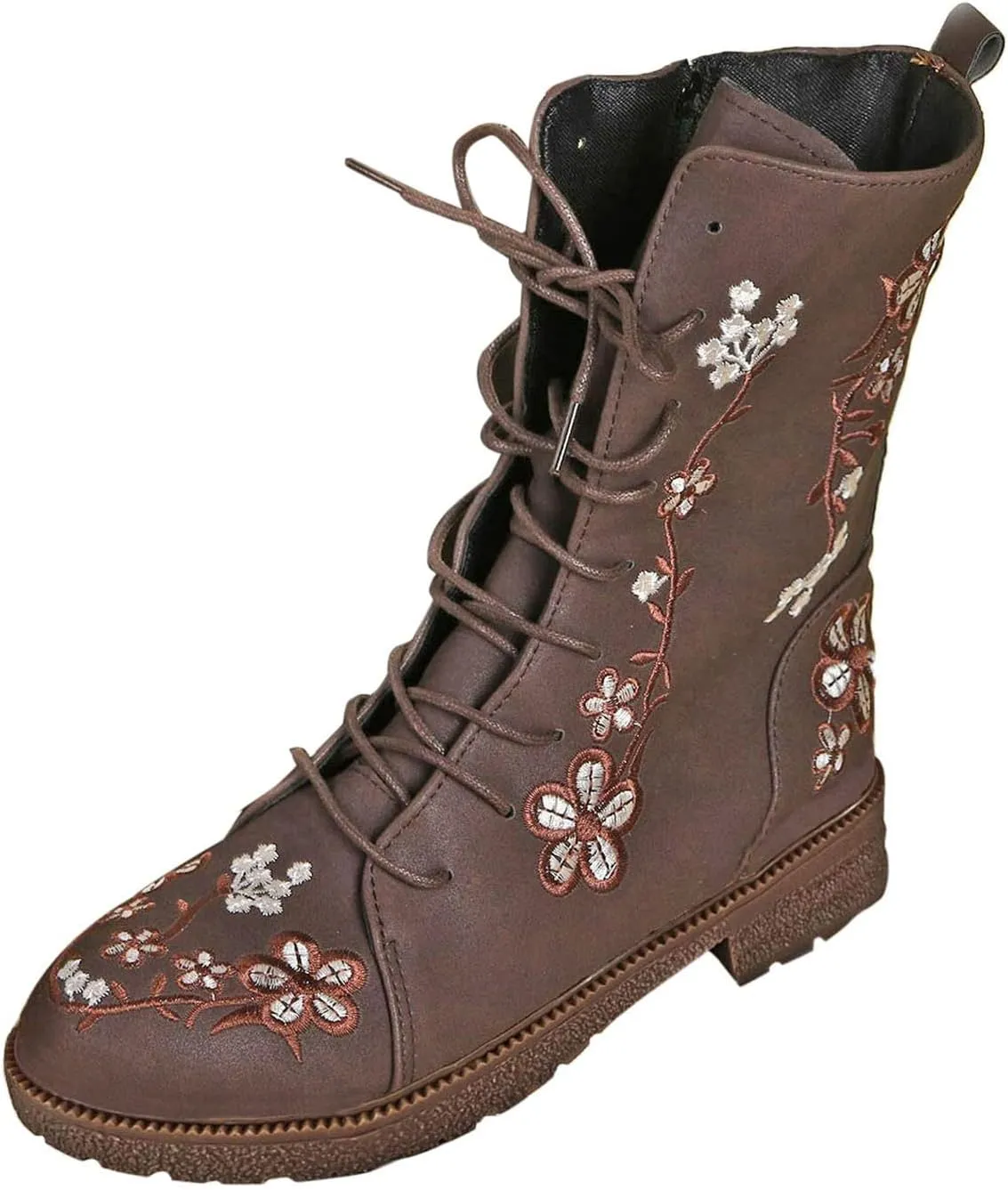 Floral Combat Boots Women 2024 Boho Ankle Boots Mid Calf Lace Up Boots Vintage Round Toe Dress Boots Long Ankle Boots