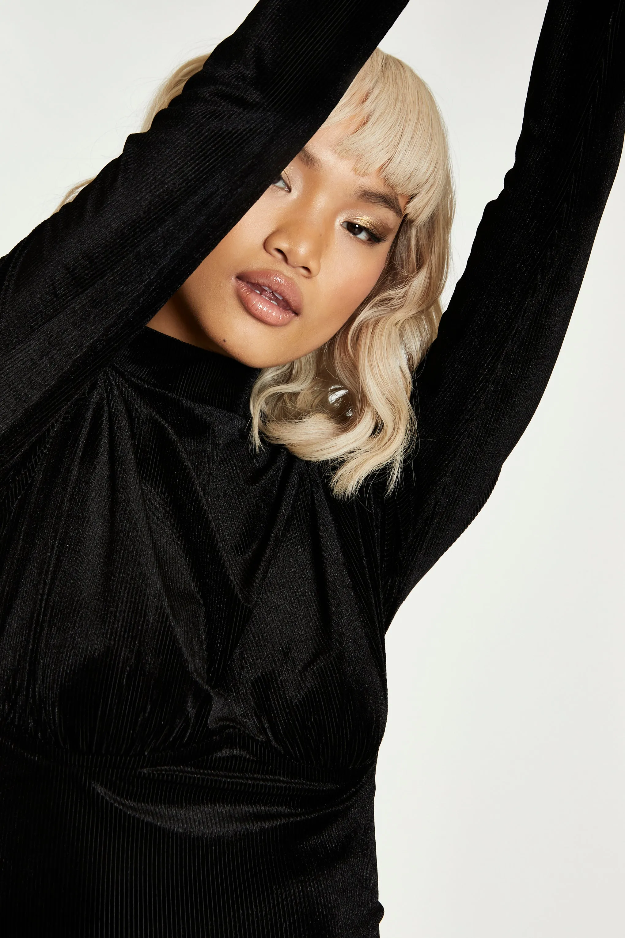 Glamorous Black Rib Velvet Fitted High Neck Mini Dress