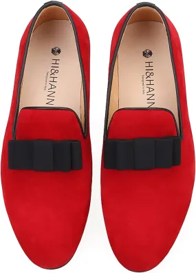 HI&HANN Men's Flats Loafer with Bow-Knot Shoes Slip-on Loafer Smoking Slipper