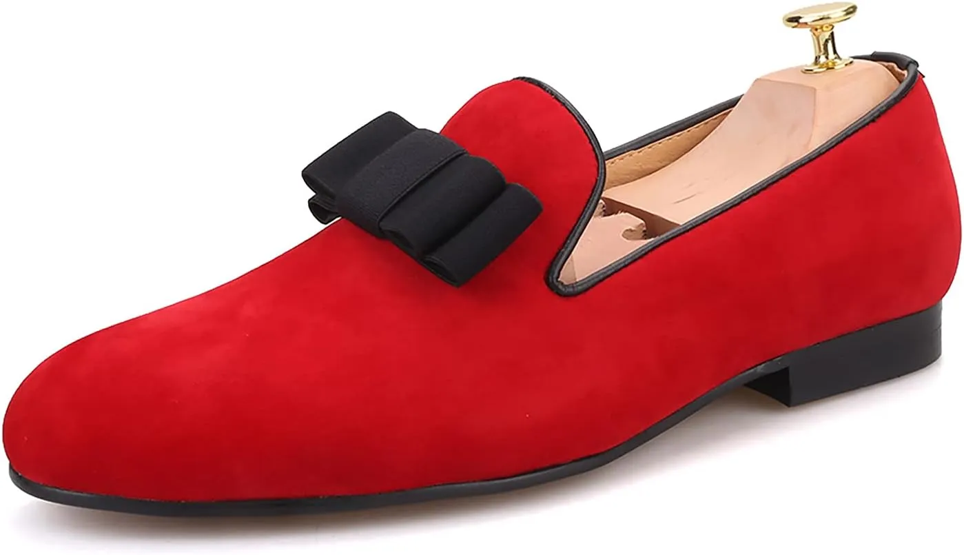 HI&HANN Men's Flats Loafer with Bow-Knot Shoes Slip-on Loafer Smoking Slipper