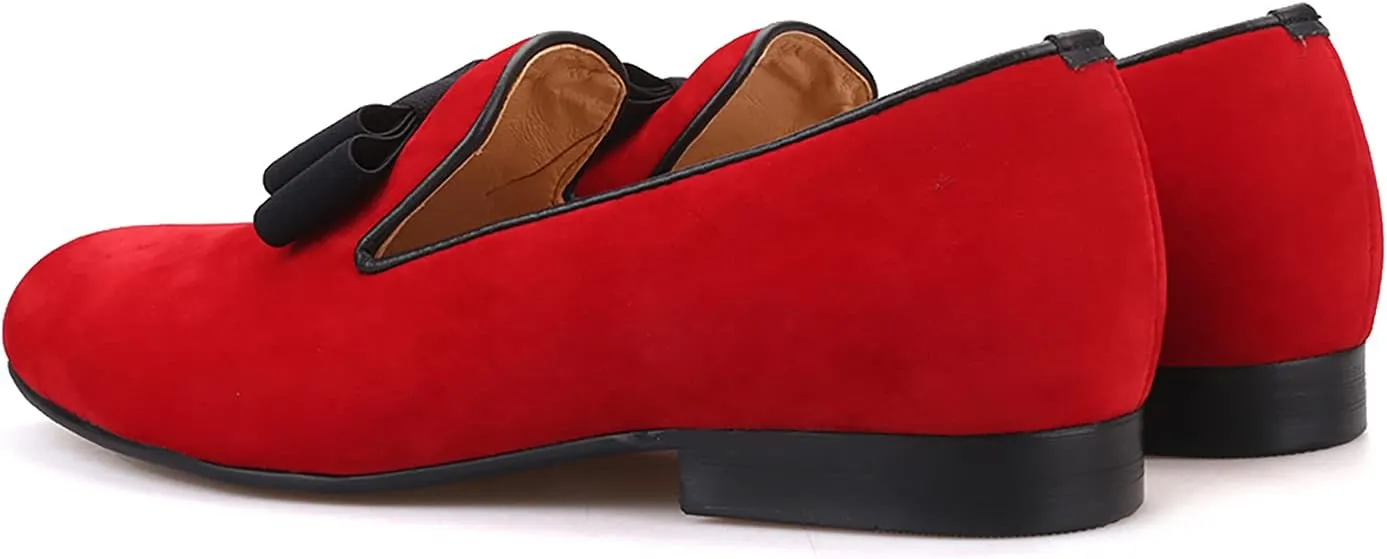 HI&HANN Men's Flats Loafer with Bow-Knot Shoes Slip-on Loafer Smoking Slipper