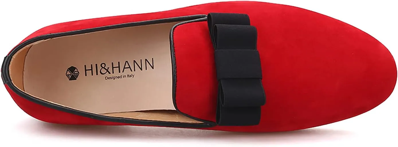 HI&HANN Men's Flats Loafer with Bow-Knot Shoes Slip-on Loafer Smoking Slipper