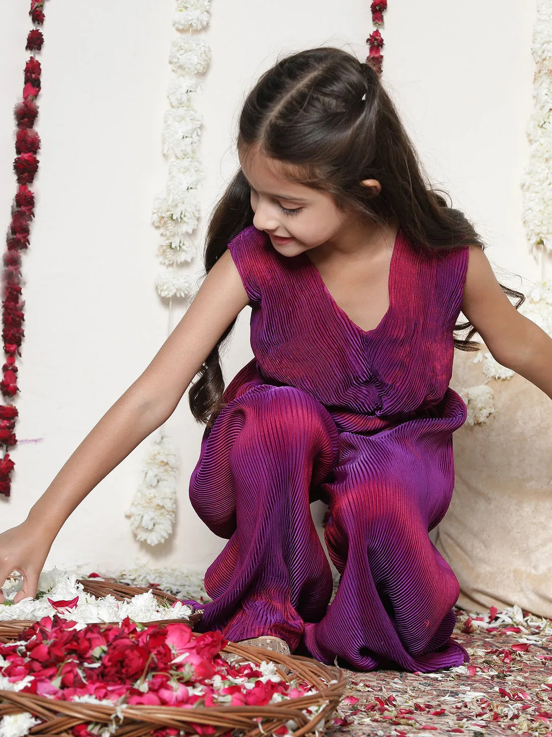 Jashvi Girls' Purple Pleated Jump Suit