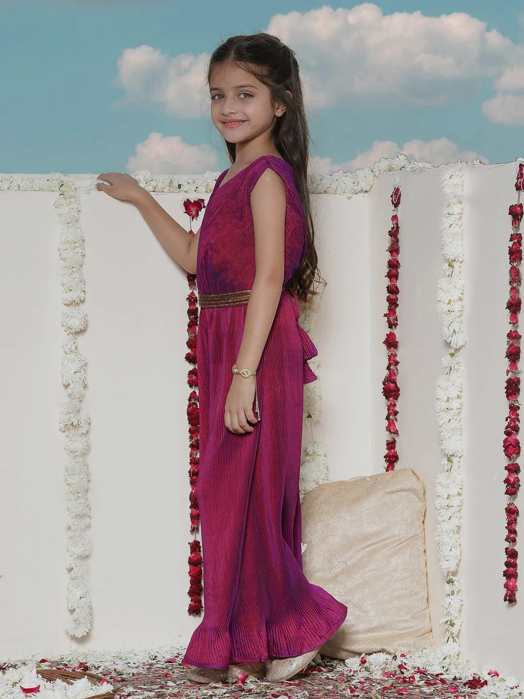 Jashvi Girls' Purple Pleated Jump Suit