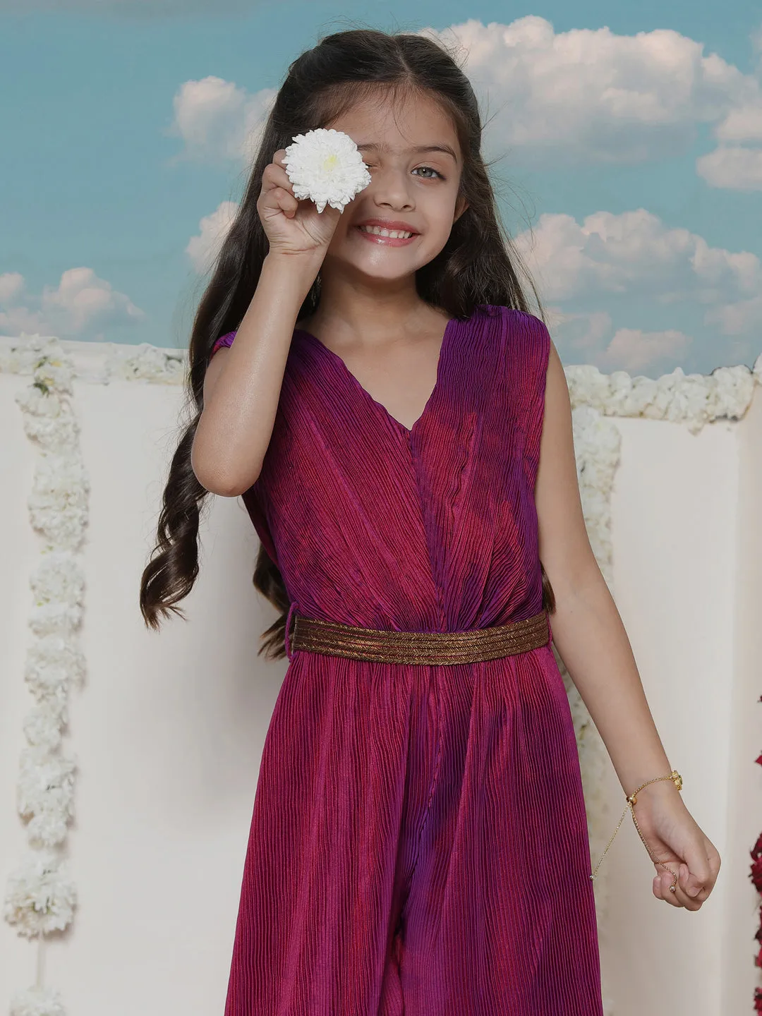 Jashvi Girls' Purple Pleated Jump Suit