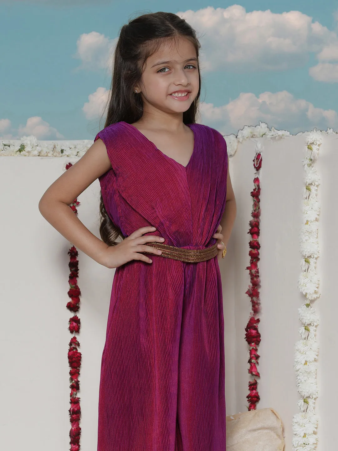 Jashvi Girls' Purple Pleated Jump Suit