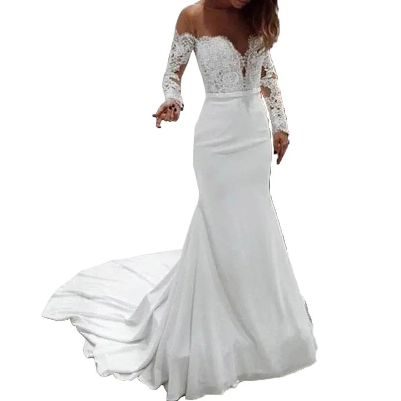 Joskaa Graduation Gift 2024 New Arrival Wedding Party Elegant Women White Off Shoulder Long-Sleeved Flooring Sweep Train Lace Evening Vestido