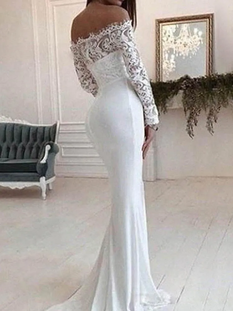 Joskaa Graduation Gift 2024 New Arrival Wedding Party Elegant Women White Off Shoulder Long-Sleeved Flooring Sweep Train Lace Evening Vestido