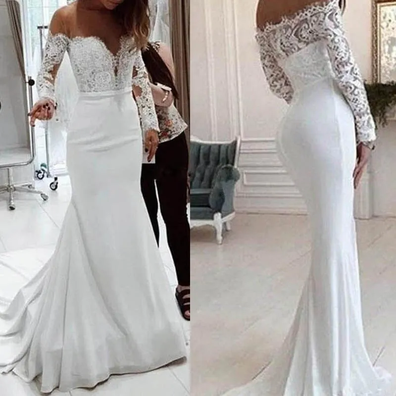Joskaa Graduation Gift 2024 New Arrival Wedding Party Elegant Women White Off Shoulder Long-Sleeved Flooring Sweep Train Lace Evening Vestido