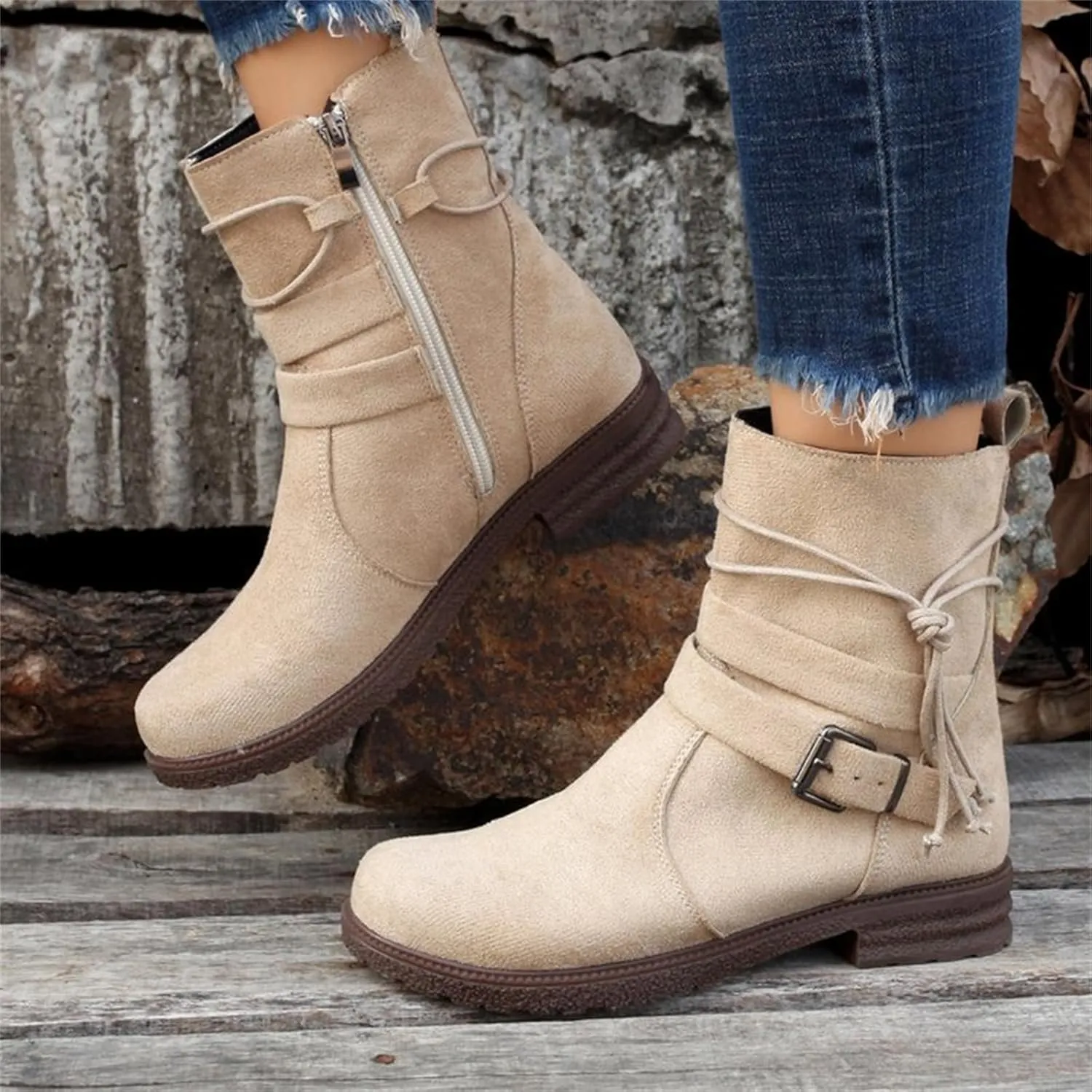Ladmiple Boots For Women Ankle Booties Comfortable Mid Calf Riding Winter Boots Low Heel Motorcycle Combat Biker Boots
