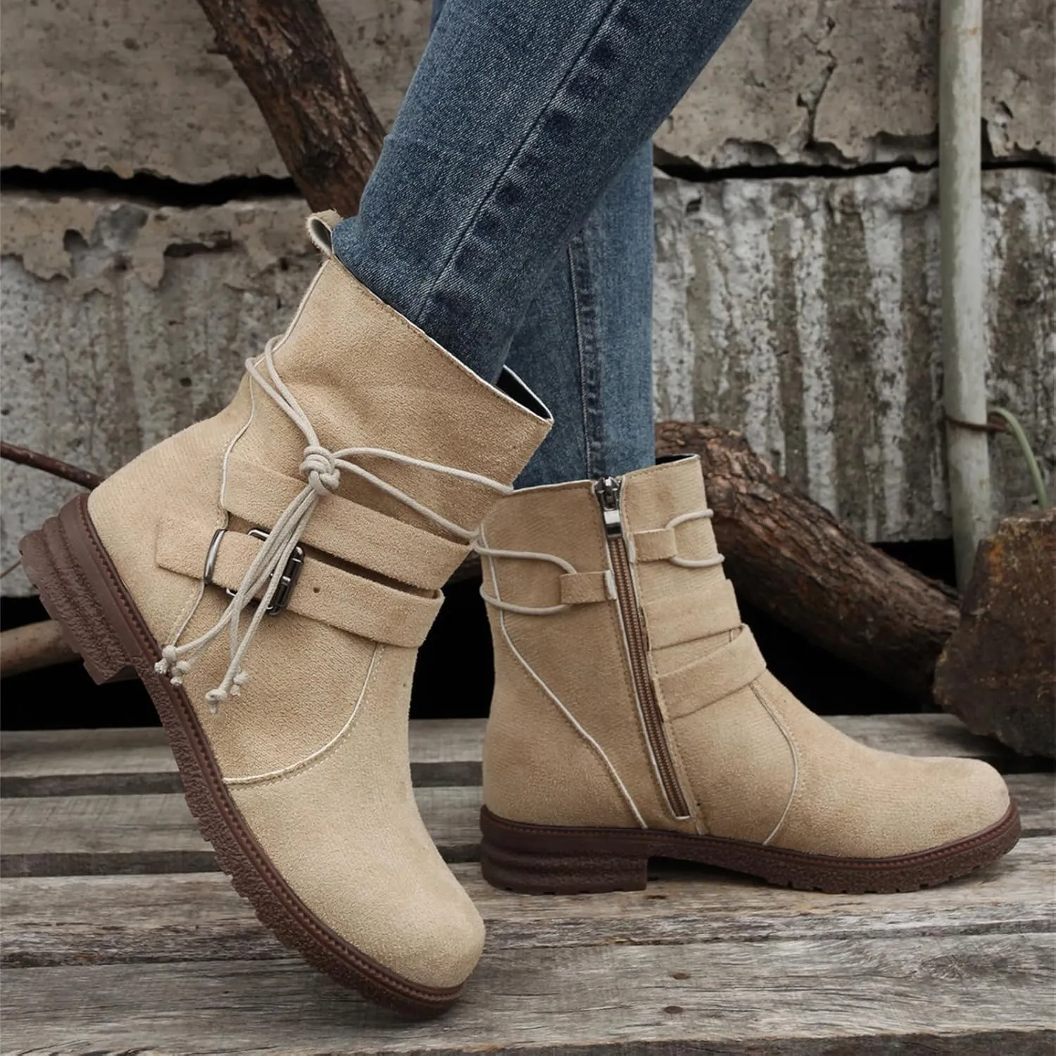 Ladmiple Boots For Women Ankle Booties Comfortable Mid Calf Riding Winter Boots Low Heel Motorcycle Combat Biker Boots