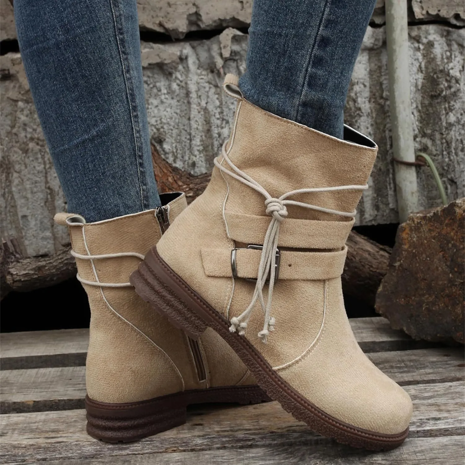 Ladmiple Boots For Women Ankle Booties Comfortable Mid Calf Riding Winter Boots Low Heel Motorcycle Combat Biker Boots