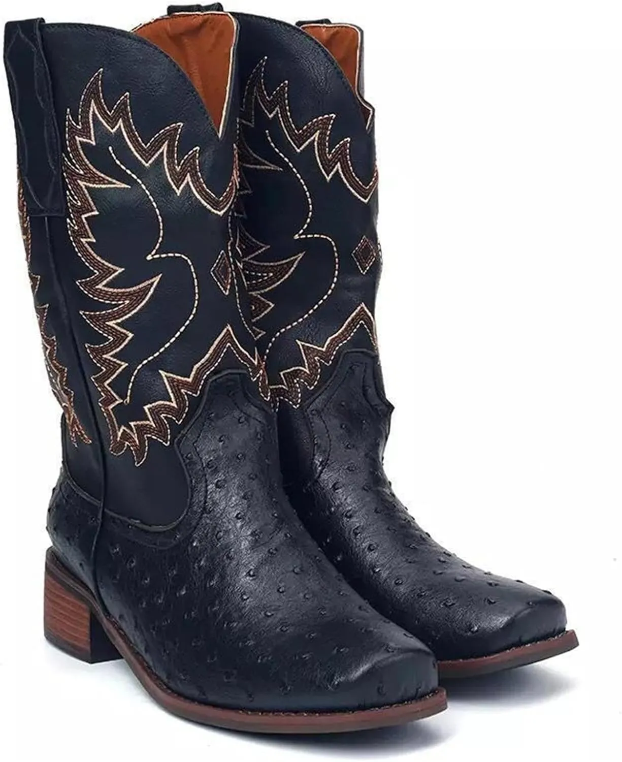 Ladmiple Cowgirl Boots Women Wide Calf Knee High Embroidered Pull On Cowboy Western Chunky Heel Mid Calf Wedding Boots