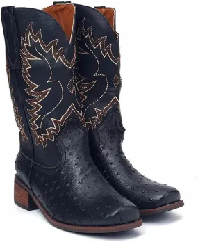 Ladmiple Cowgirl Boots Women Wide Calf Knee High Embroidered Pull On Cowboy Western Chunky Heel Mid Calf Wedding Boots