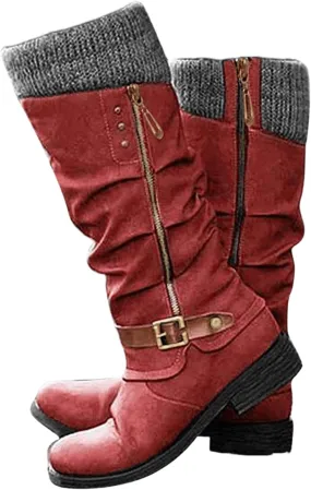 Lausiuoe Boots For Women Low Heel Mid Calf Platform Chunky Round-Toe Side Zip Wide Calf Western Winter Non Slip Outdoor Shoes
