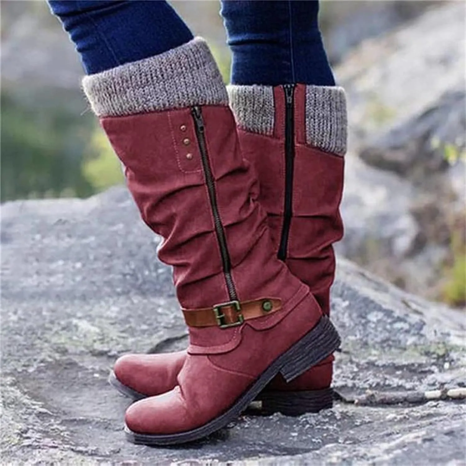 Lausiuoe Boots For Women Low Heel Mid Calf Platform Chunky Round-Toe Side Zip Wide Calf Western Winter Non Slip Outdoor Shoes